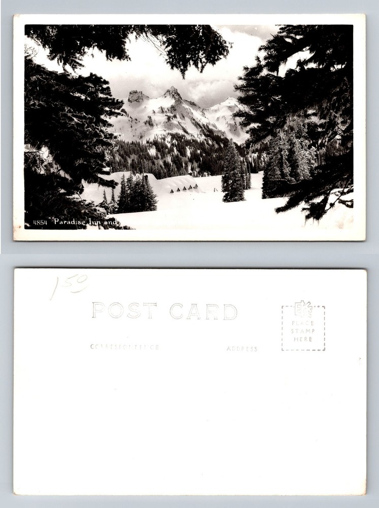 Mount Rainier, WA-Washington, Paradise Inn and Snowy Peaks Vintage Postcard
