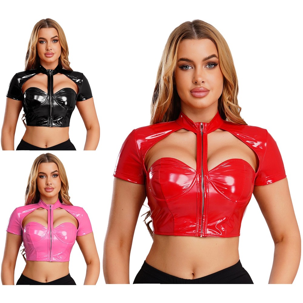 Womens Sexy Wet Look PU Cropped Top Push-up Underwire Crop Top Glossy Clubwear