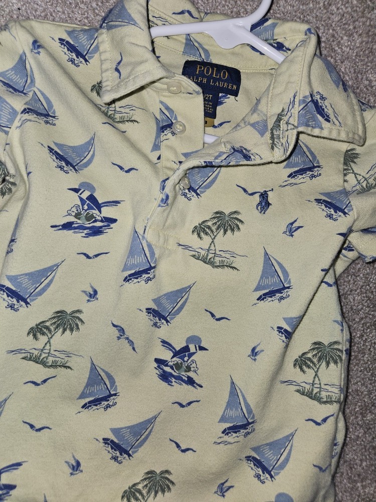 Polo Ralph Lauren Boys Kid Yellow Windsurfing Polo Bear Polo Shirt Sz 2 / 2T