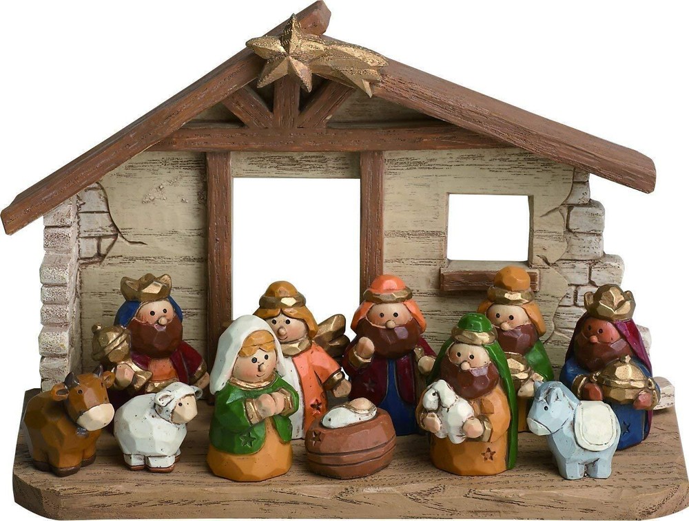 Miniature Nativity Scene with Creche, Set of 12 Rearrangeable Figures