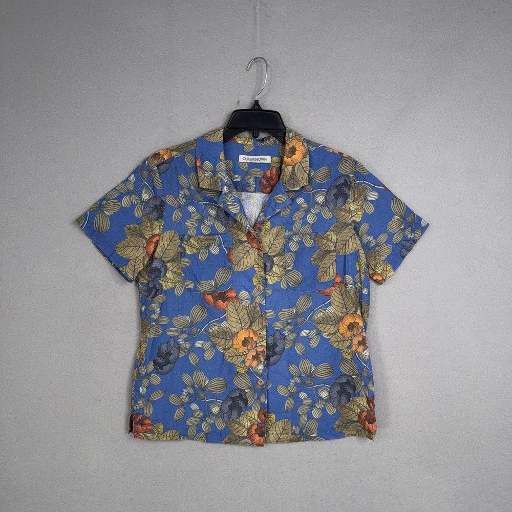 Outerknown Shirt Womens Small Blue Floral Hawaiian Aloha Button Up Vacay Resort
