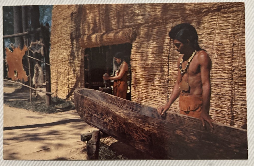 Vtg Postcard Jamestown Virginia Algonquin Indian Long House Dug Out Canoe Hide