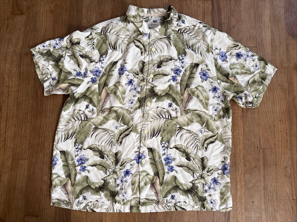 Tommy Bahama 100% Silk Shirt Hawaiian Men’s XL Floral Green Short Sleeve