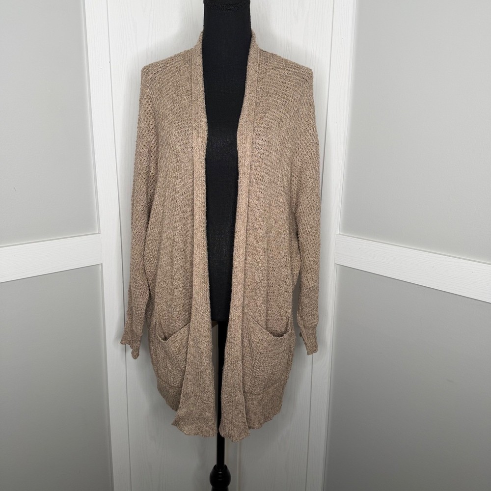 American Eagle Cardigan Sweater Womens Medium Tan Open Front Chunky Knit Stretch