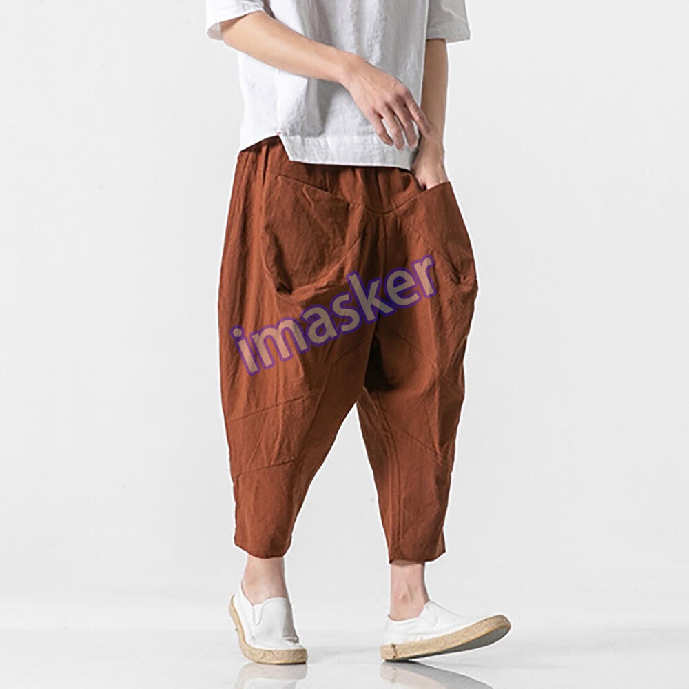 Men's Slim Straight Japanese Summer Pants Cotton Linen Casual Nine Quarter Length