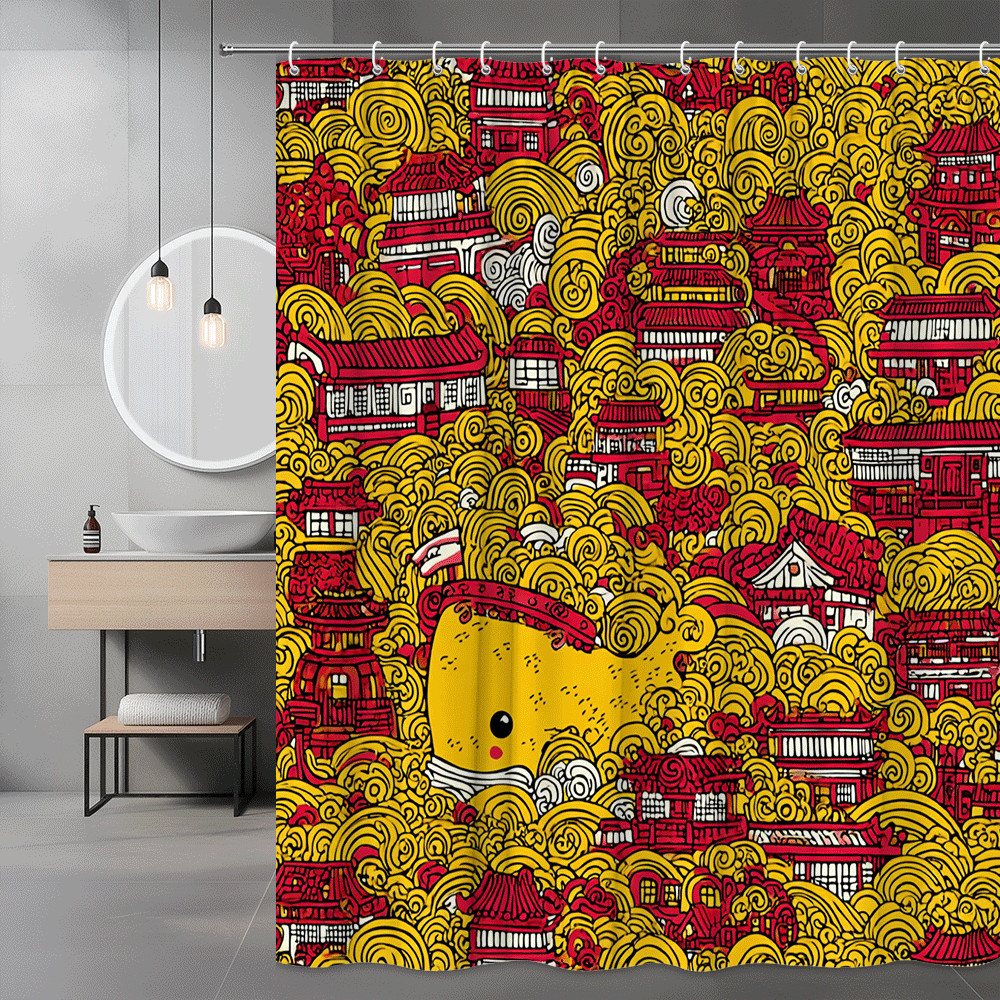 Cute Asian Temple Shower Curtain Yellow Red Graphic Print