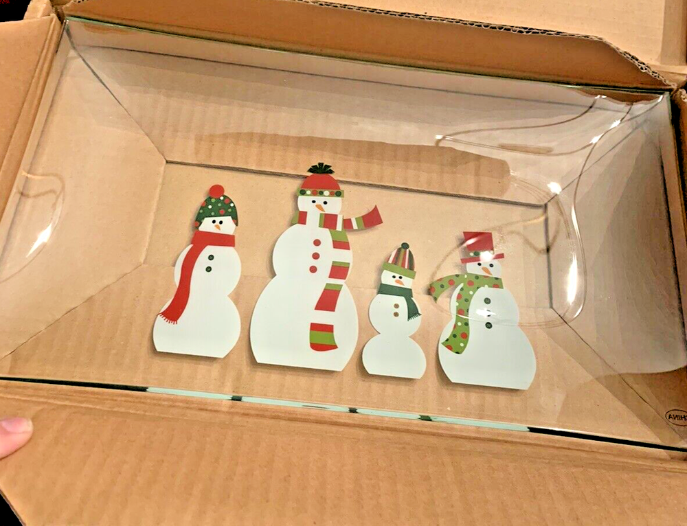 Pampered Chef Retired Snowman Family Glass Rectangle Platter NIB 2821