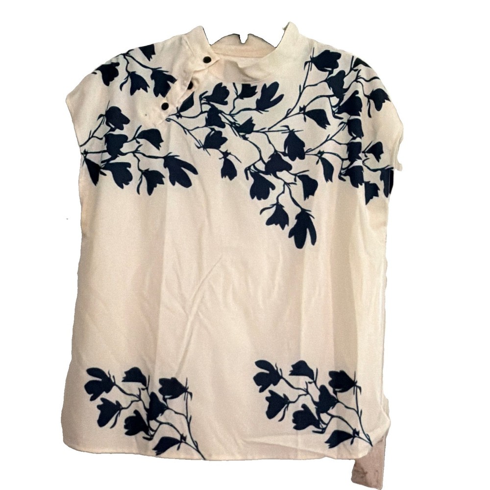 EMERY ROSE Women’s White/Blue Floral Mock Neck Cap Sleeve Button Blouse XL
