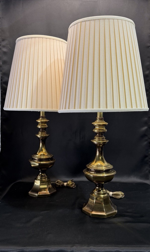 Vintage Brass Stiffel Table Lamps with Pleated Shades Set of 2