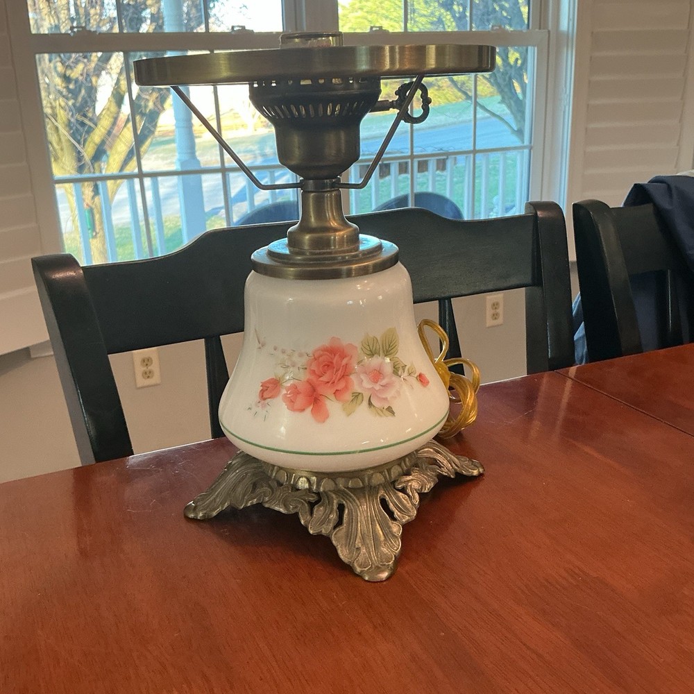 Vintage 1999  Victorian Milk Glass Floral Roses Hurricane  Lamp NO SHADE 3 way