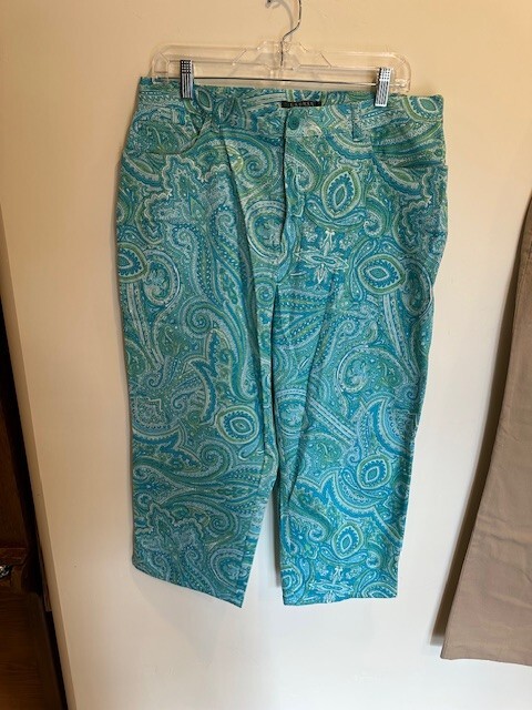 VINTAGE Ralph Lauren Paisley High Rise Capri Pants Women's 14 Green/Blue
