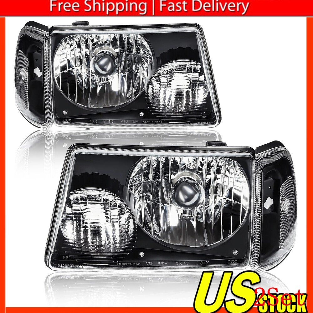 FOR 01-11 FORD RANGER BLACK HOUSING CLEAR CORNER HEADLIGHT REPLACEMENT LAMP 2Set