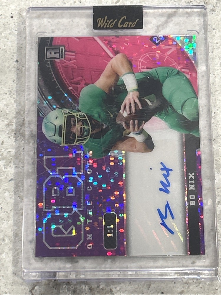 🔥Bo Nix 1/1 Auto Rookie Card, Pink Pulsar, 2023 QB1 On The Clock Wild Card