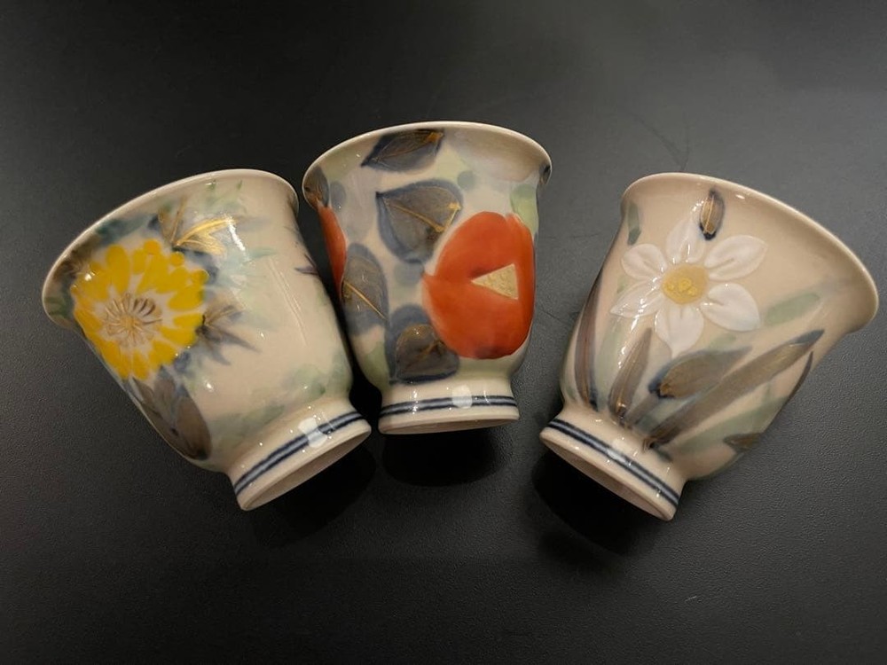 Kiyomizu Ware Ochoko Set 3 Pcs, Hand-painted Flowers, Elegant Japanese Pottery