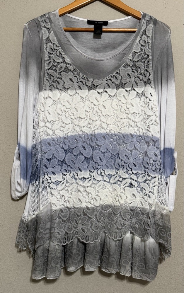 Ali Miles Shirt Women's L Blouse Top Lace Overlay Romantic Cottagecore Tie-Dye
