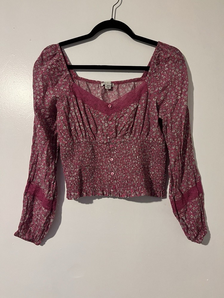 American Eagle Top Medium Pink Ditsy Floral Crop Puff Sleeve Peasant Y2K
