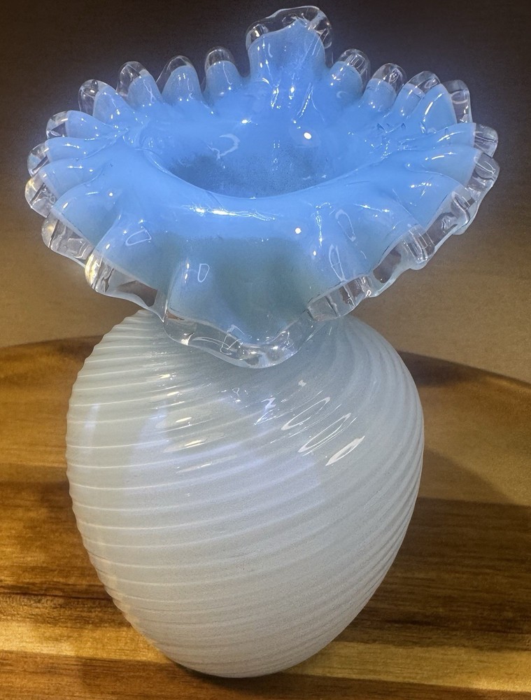 Vintage Fenton 5.5” Blue And Opalescent Silver Crest Milk Glass Ruffle Vase