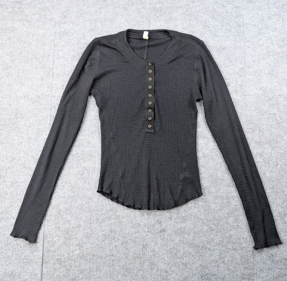 Intimately Free People Henley Shirt Women Small Black Thermal Layer Basic Waffle