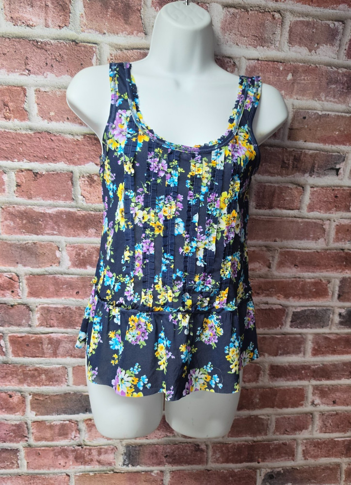 Women's AEROPOSTALE Navy Blue Floral Pintuck Peplum Tank Top Size XS