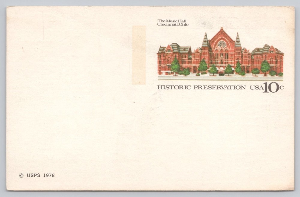 1978 USPS Postal Card Cincinnati Music Hall Historic Preservation 10c