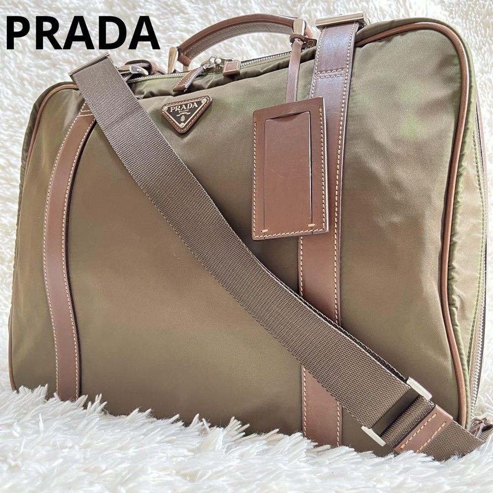 Prada Khaki Nylon Leather Business Tote Bag 34.5x44.5x15.5cm Pre-Owned