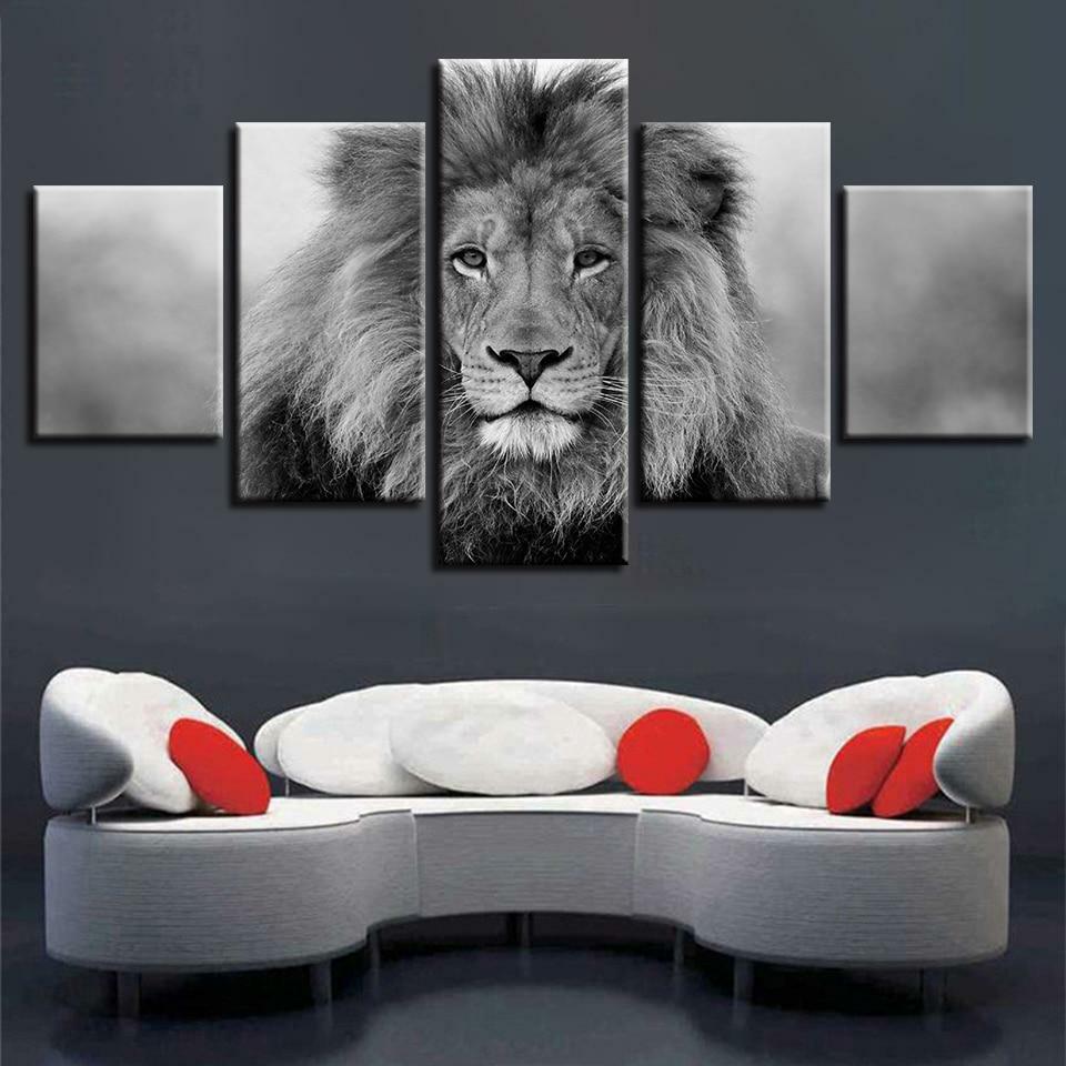 Black & White Lion Framed 5 Piece Canvas Wall Art