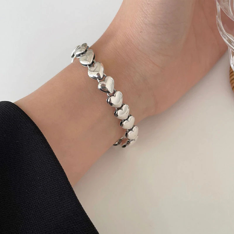 925 Sterling Silver Handmade Vintage Elegant Unique Heart Link Bracelet Bangle
