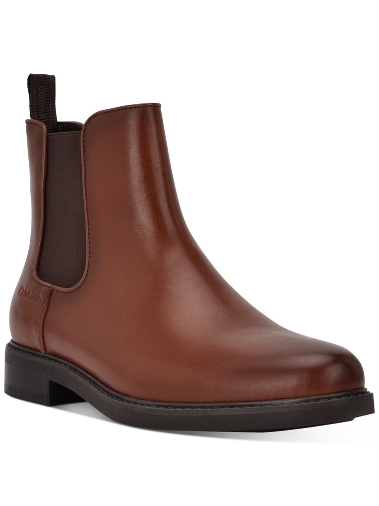 CALVIN KLEIN Mens Brown Chelsea Boots with Block Heel and Pull Tab