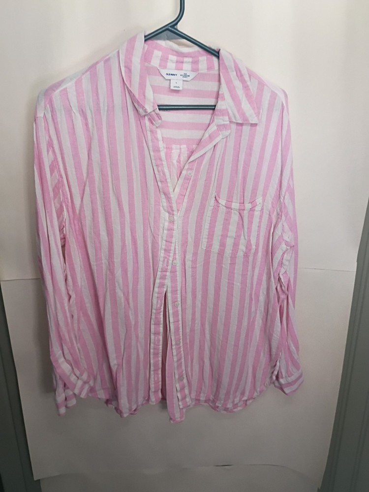 Old Navy Women's Size L The Boyfriend Shirt Pink Striped 100% Cotton 0104