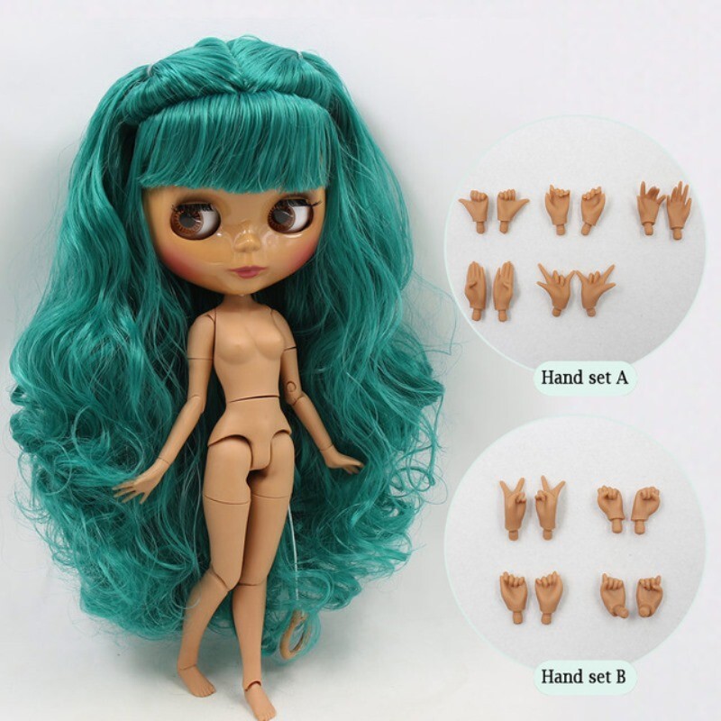 Blythe Doll Nude Joint Body Medium Dark Skin Green Hair Glossy Face Puppet Toys