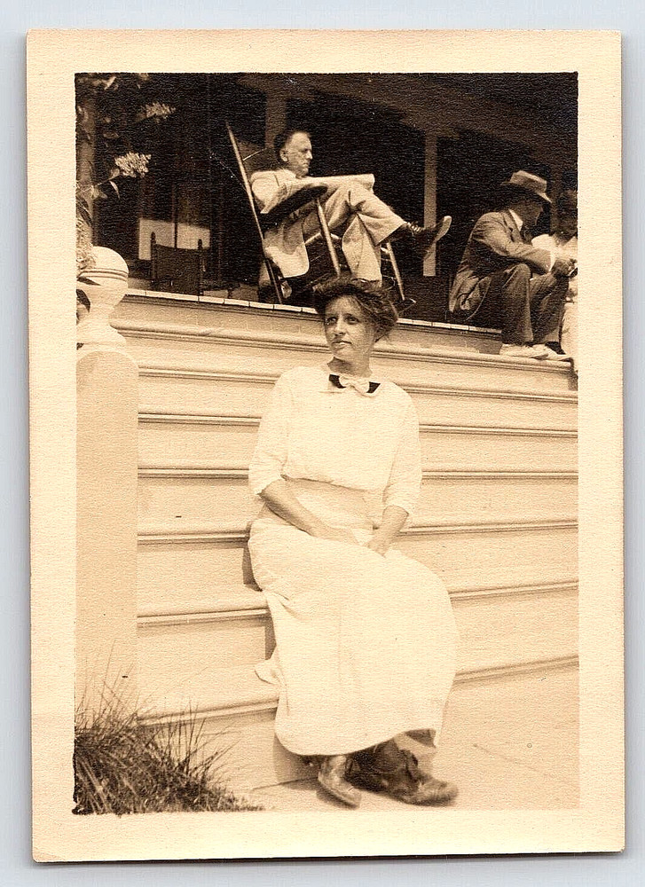 Vintage Photo Old Antique Picture Woman Lady Girl White Dress Men Home Steps