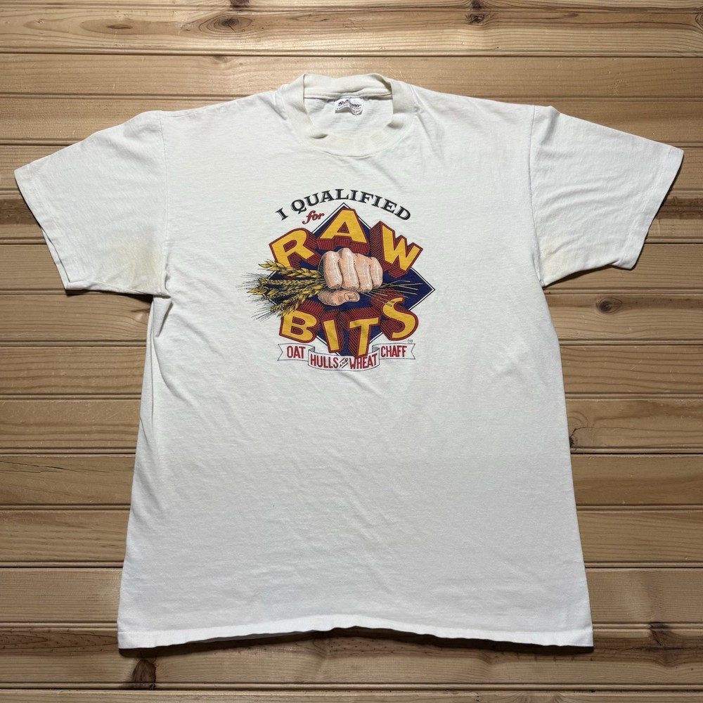 Vintage 80s Wheat Oat Raw Bits Cereal Graphic T-Shirt USA Single Stitch Large