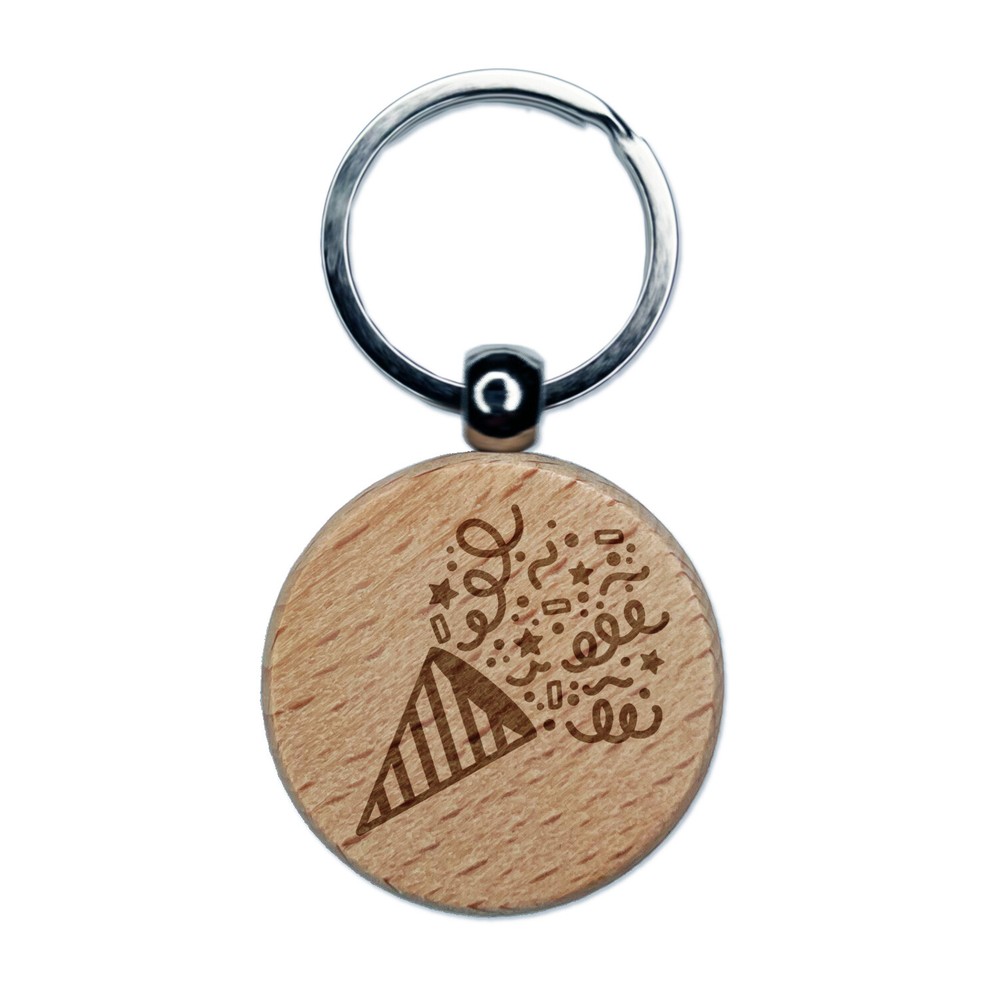 Party Popper with Confetti Engraved Wood Round Keychain Tag Charm