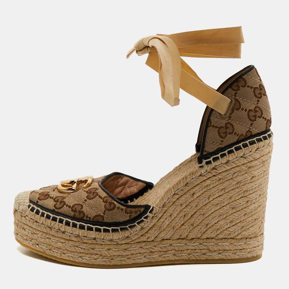Gucci GG Canvas Pilar Espadrille Wedge Pumps Brown Beige Size 39