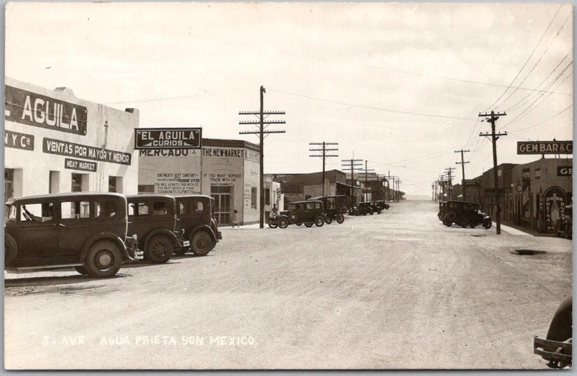 Vintage 1940s AGUA PRIETA, Sonora Mexico RPPC Photo Postcard Street Scene / Cars