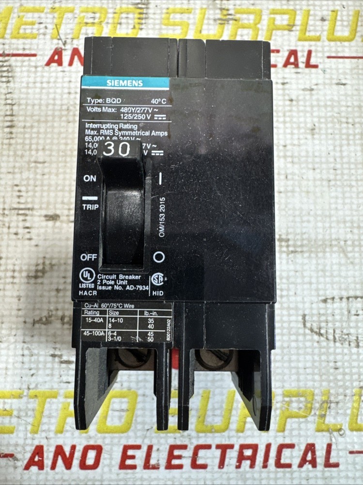 Siemens BQD Circuit Breaker BQD340 3 Pole 40 Amp 14kA @ 480Y/277VAC - TESTED
