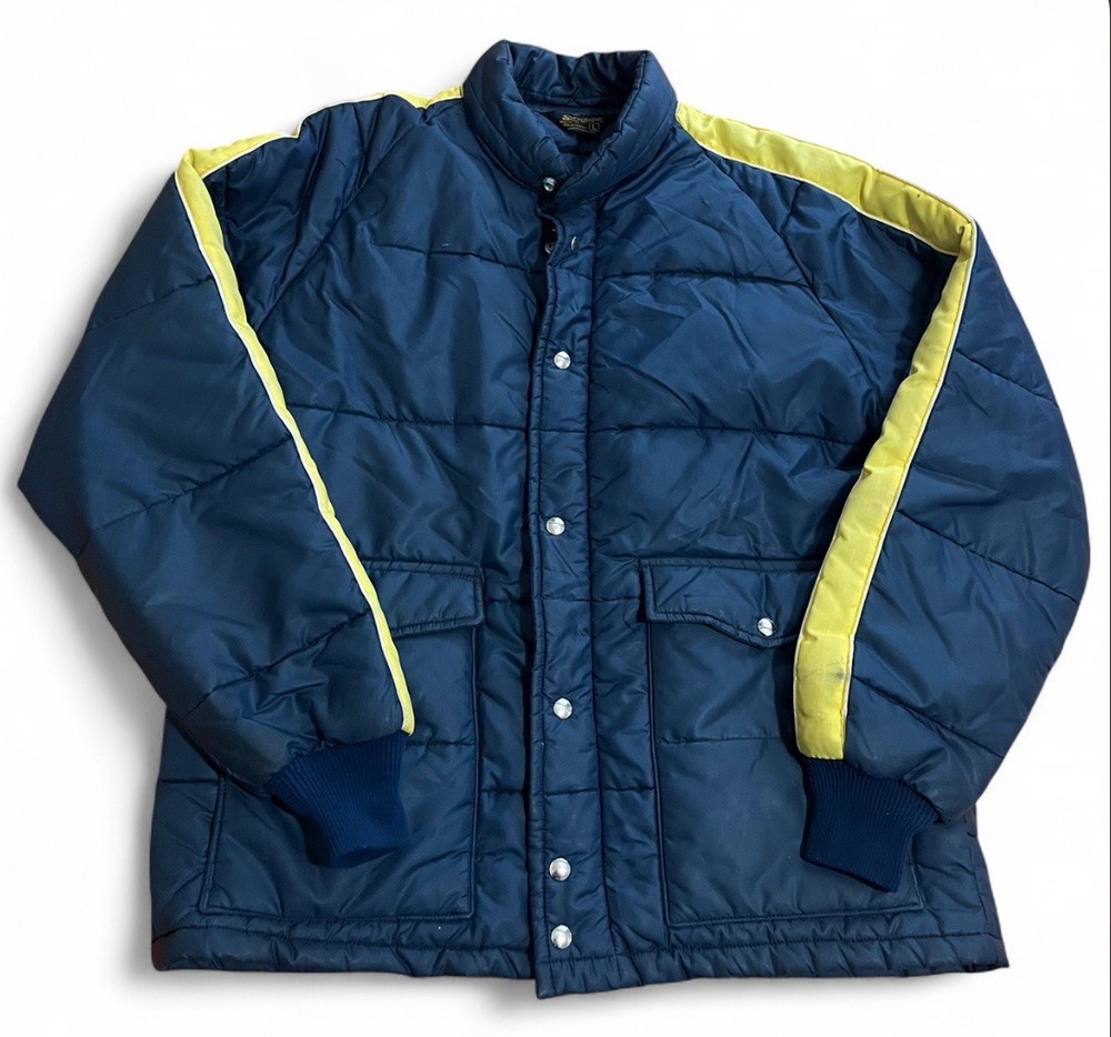 Vintage 1970s Puffer Jacket Swingster Made In USA Size Large Navy Blue Yellow