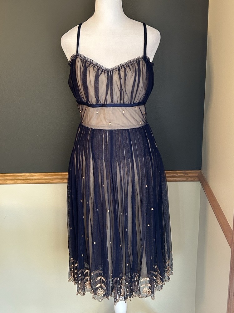 Vintage Anthropologie Odille Women Mesh Corset Dress Embroidered Blue Size 8