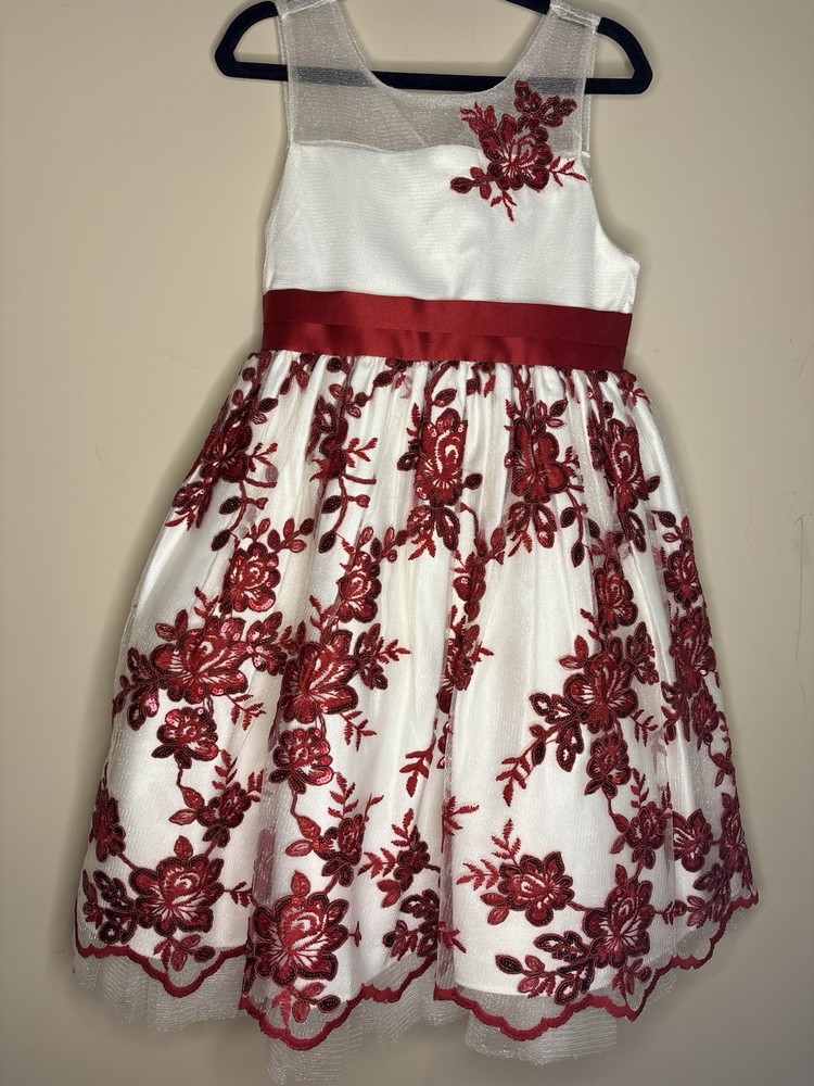 Bonnie Jean Girls Red White Lace Dress Size 5 Holiday Christmas Party Formal