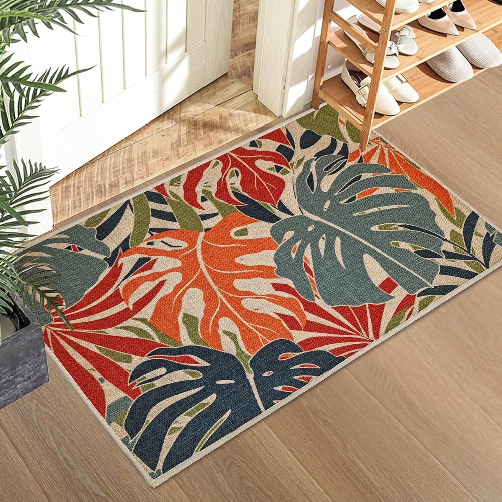 Tropical Leaves Bath Rug Non-Slip Palm Leaf Doormat Colorful Abstract Kitchen Mat-image