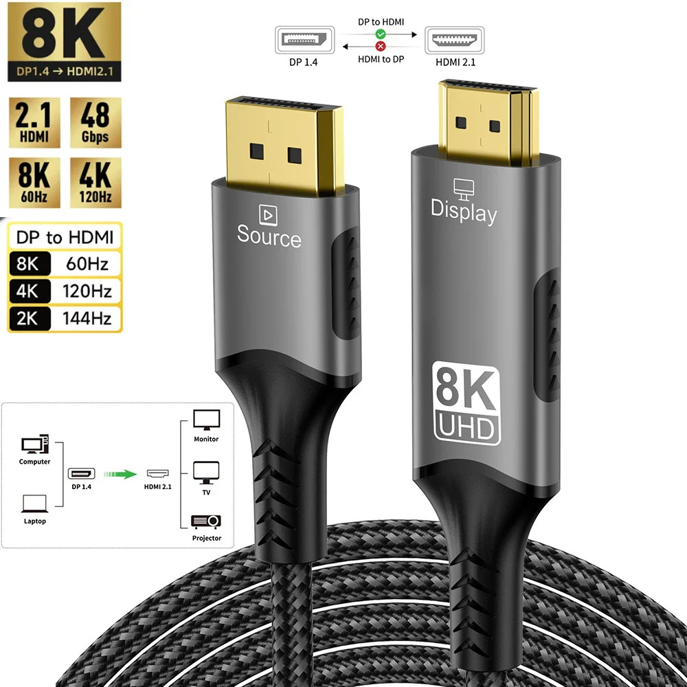 8K DisplayPort to HDMI Compatible Cable, 8K@60Hz 4k@120hz, DP to HDMI Adapter