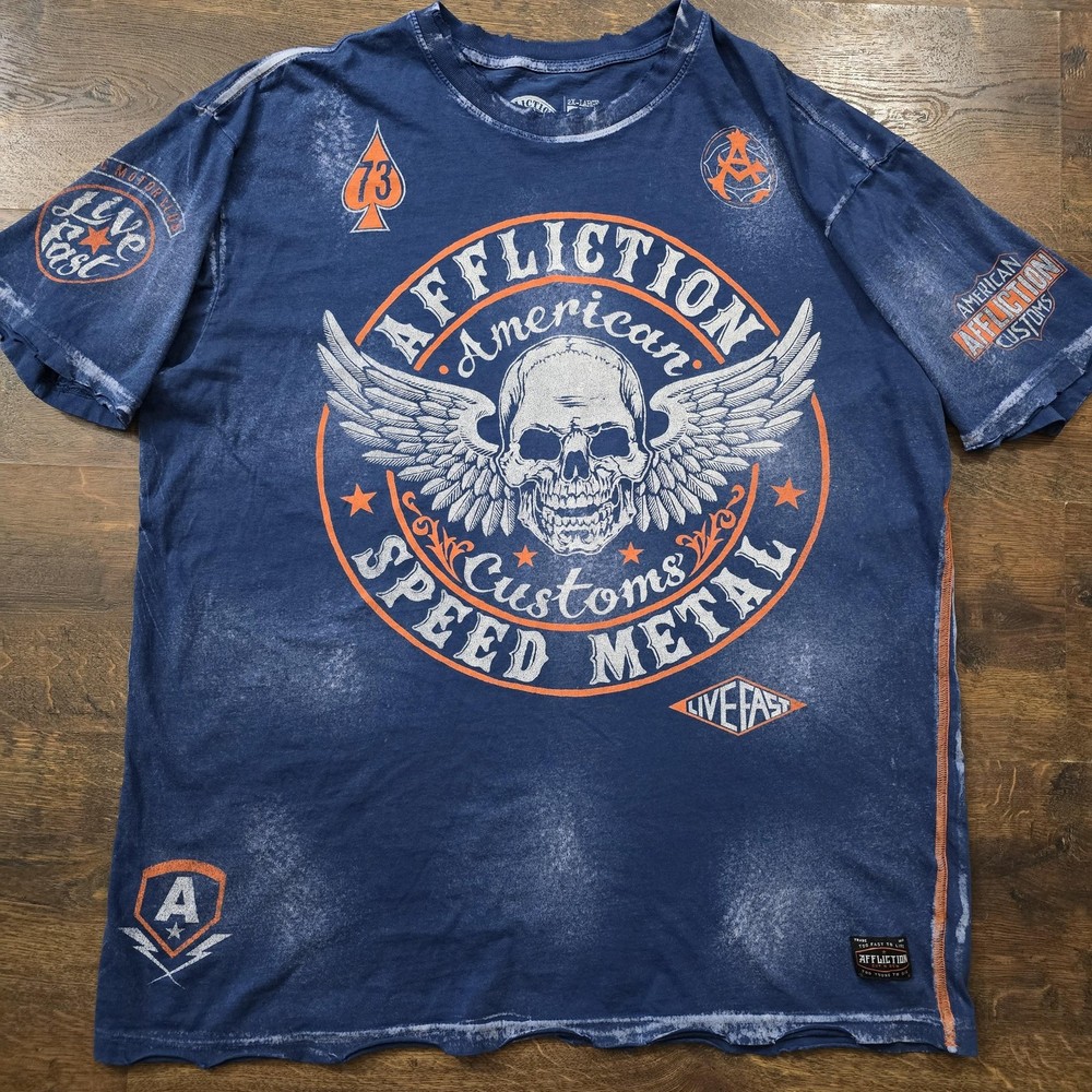 Affliction Shirt Mens 2XL Blue American Customs Speed Metal Live Fast Skull Tee