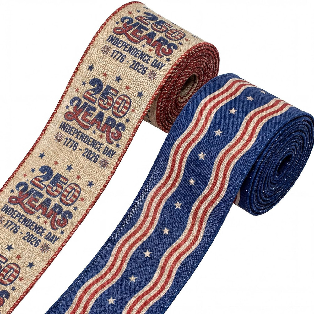 2 Rolls 10 Yards 250Th Anniversary USA Patriotic Wired Edge Ribbons, 2.5Inch 250