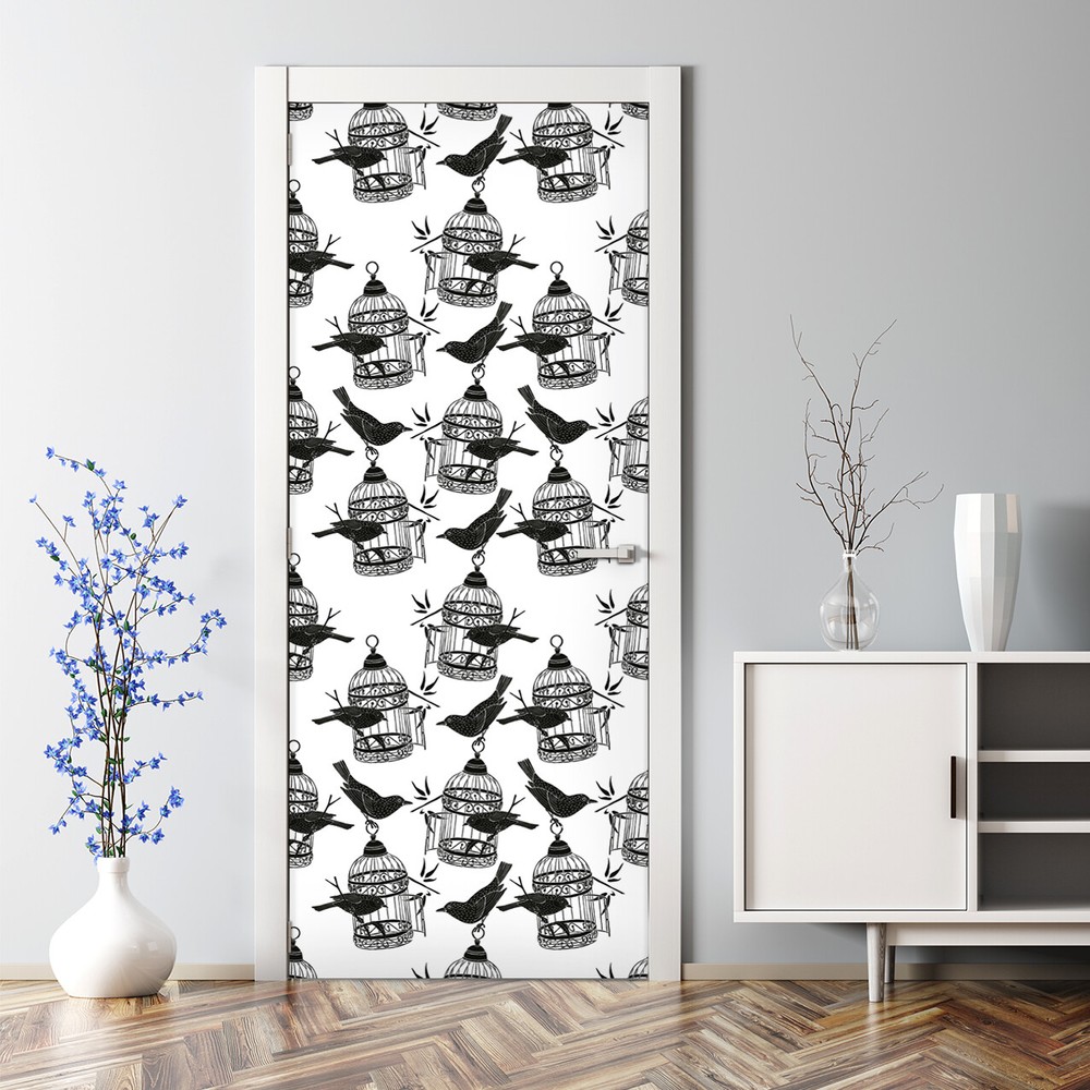 Removable Black Birdcage & Birds Door Sticker Self-Adhesive Peel & Stick Mural  