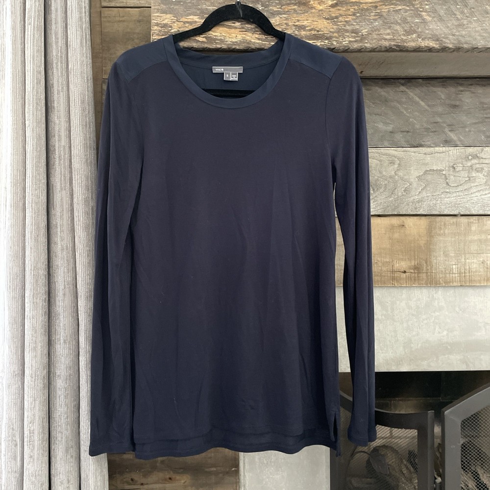 Womens Vince Rayon With Silk Trim Long Sleeve T-shirt Navy Size Small