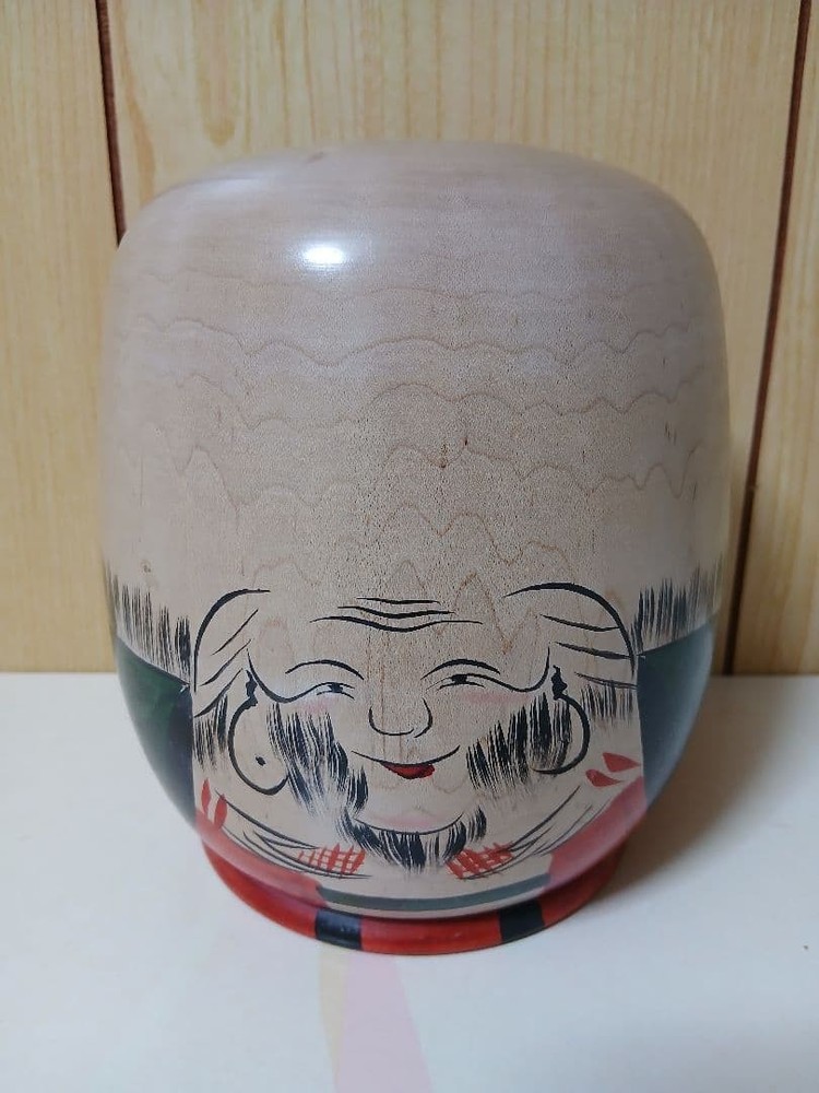 Kokeshi Wooden Lucky Charm Daruma Geometric Pattern Smiling Face New
