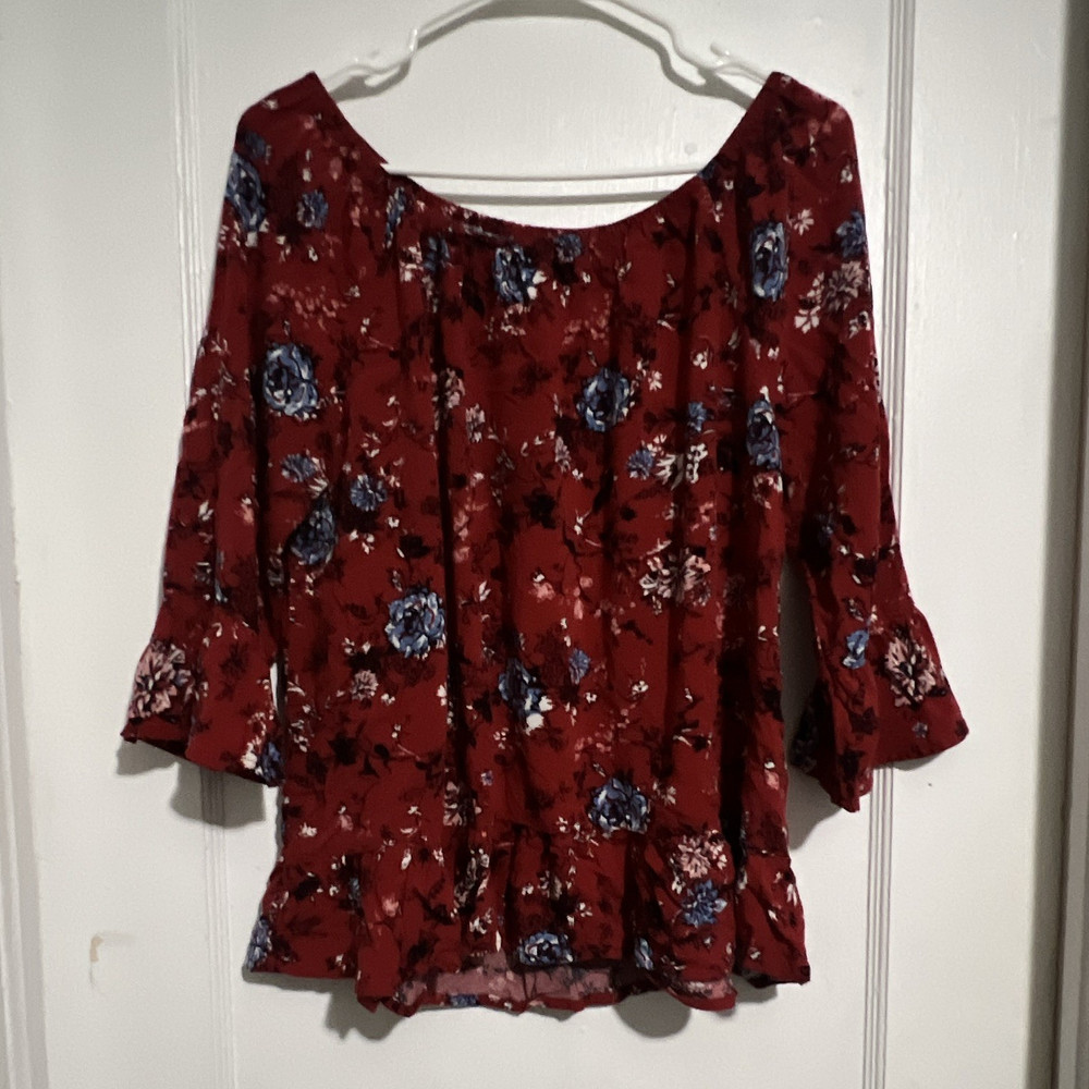 Faded Glory Women's XL Floral Ruffle Tunic Blouse Red 3/4 Bell Sleeve Cotton