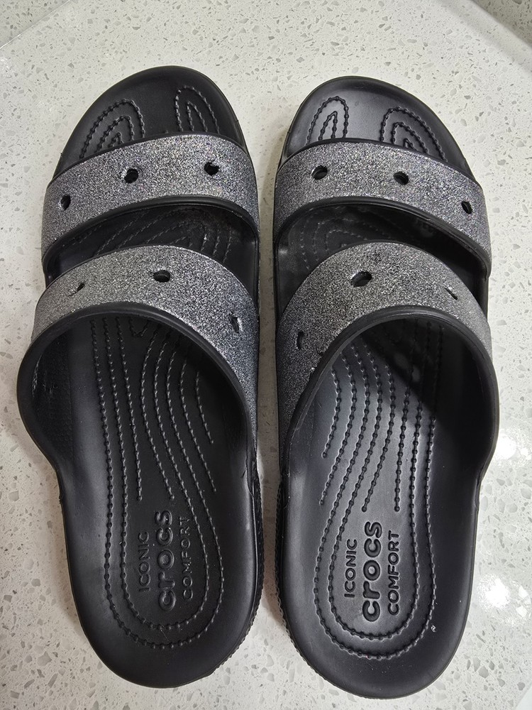 CROCS Classic Glitter 2 Strap Slide Sandal Unisex Slip On Black / Silver!
