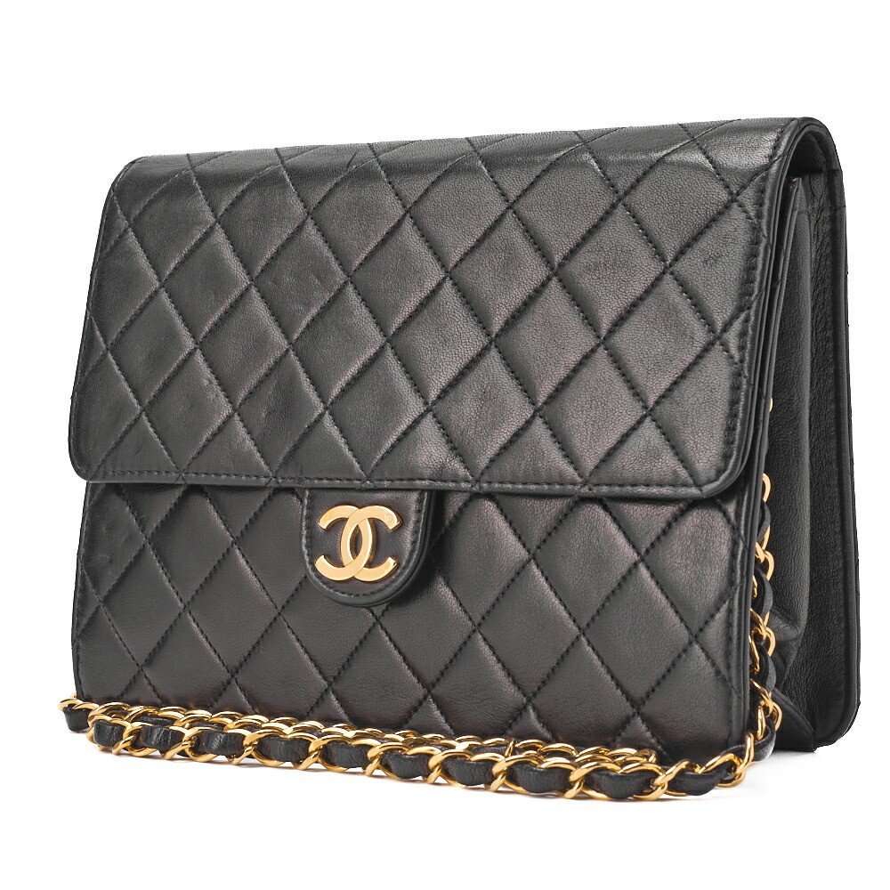 CHANEL Black Lambskin Matelasse Chain Shoulder Bag with Push Lock
