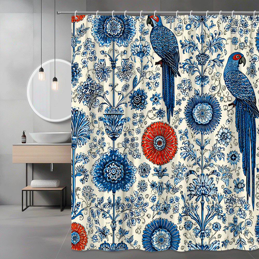 Blue Parrot Floral Shower Curtain Botanical Print